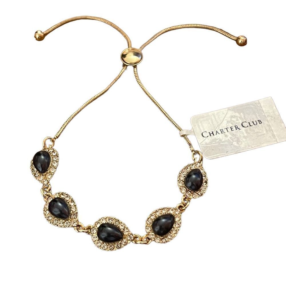 NWT Charter club slider gold tone tear drop faux black/dark blue bracelet